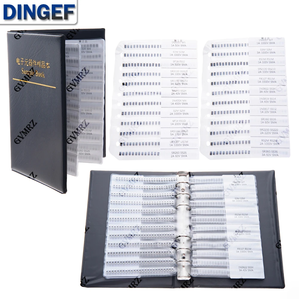 Libro de muestras de diodo rectificador de 24 valores Kit surtido SMD SMA Diodos Schottky de 33 valores M1 M4 M7 SS12 SS14 SS16 SS24 - imagen 2