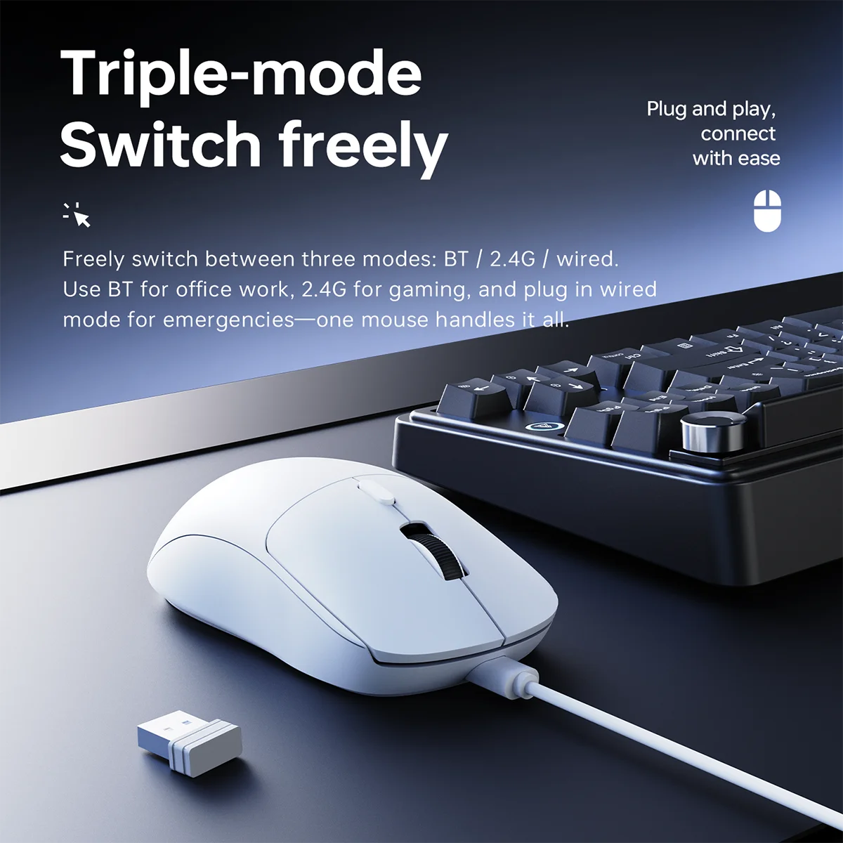 NJ07 Ratón Tri-mode Connect 2,4 GHz inalámbrico/Bluetooth/con cable con 32000DPI para tabletas, juegos móviles, PC de escritorio, ratón AJAZZ - imagen 3