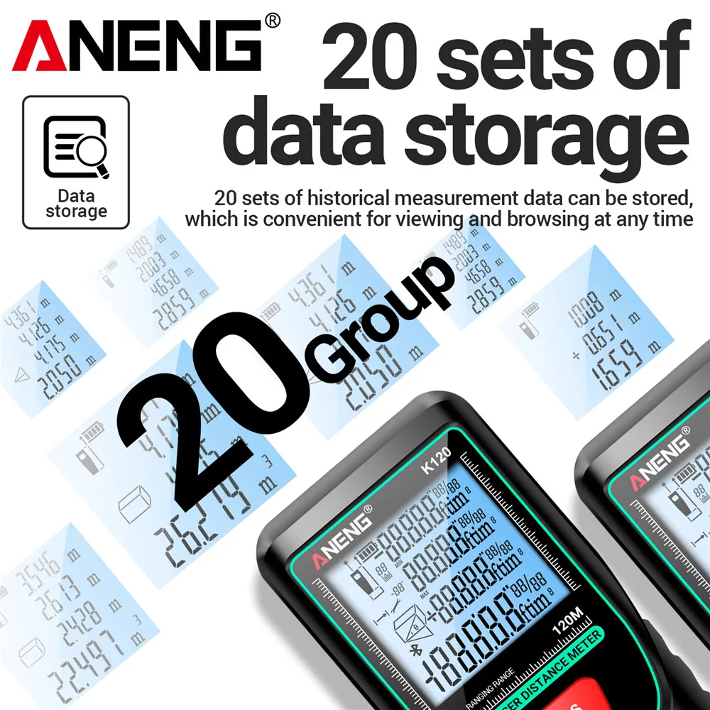 ANENG K50/70/100/120 telémetro láser volumen/medida del área ± 3mm precisión de medición 20 herramienta de prueba de diastímetro de almacenamiento de datos de grupo - imagen 3