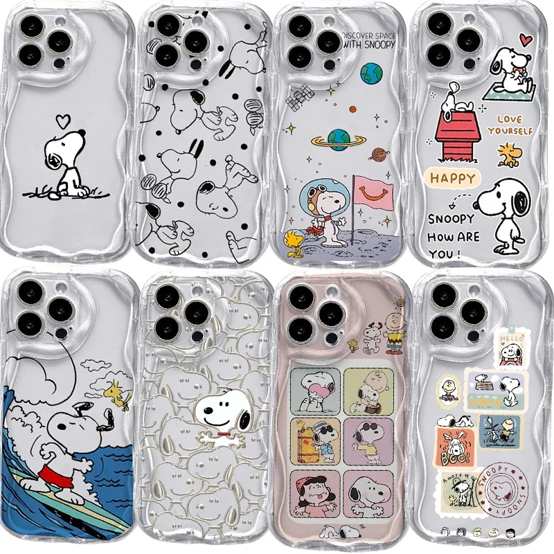 Funda de teléfono transparente y bonita de dibujos animados de Snoopy para Xiaomi POCO X7 X6 X5 X3 M6 F6 Pro Mi 15 12T 12 11 Lite 5G NE crema cubierta de borde ondulado