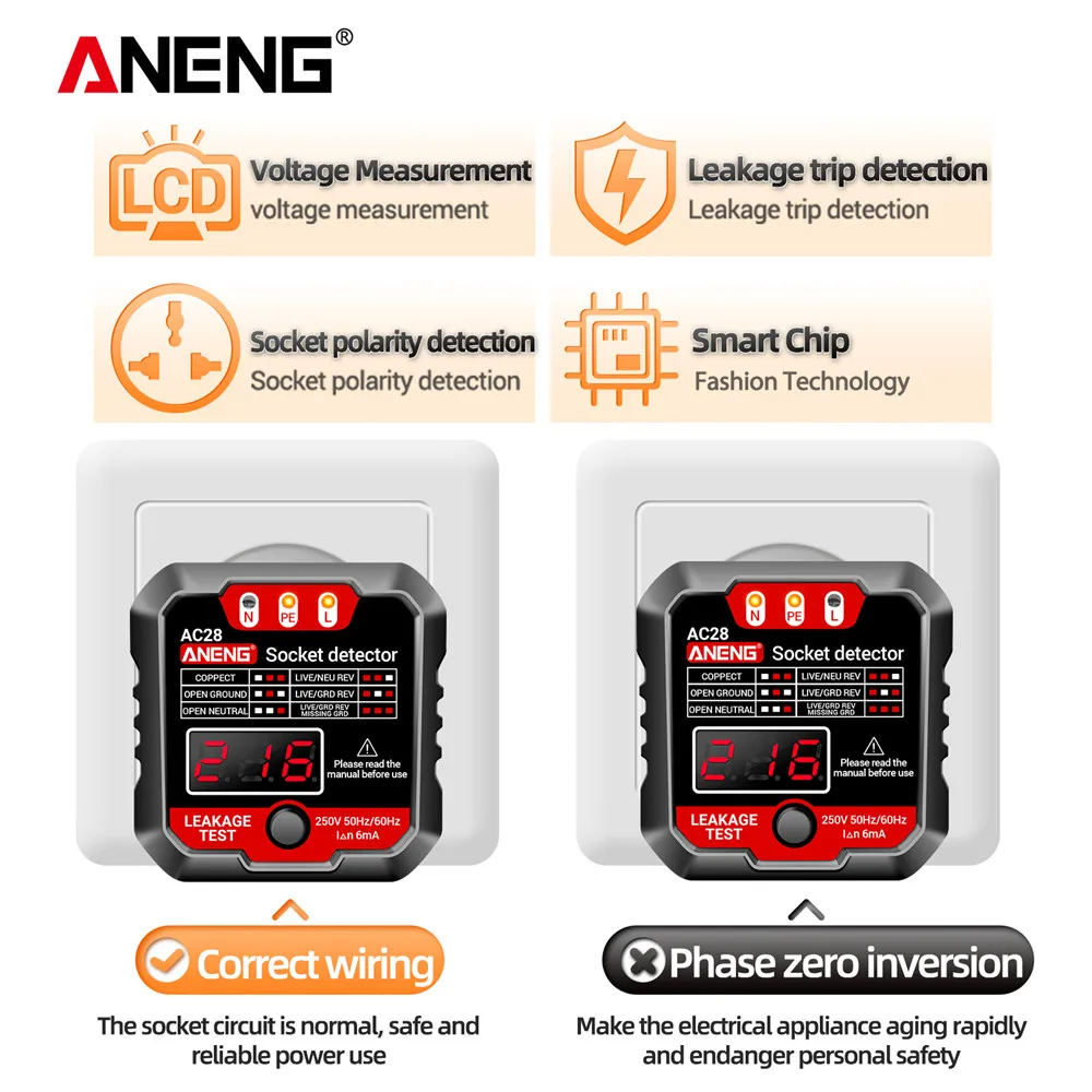 ANENG-Detector de enchufe AC27/AC28, enchufe de EE. UU./UE, prueba de voltaje, medidor de retención de fase de polaridad, herramienta de detección de electroscopio multifunción - imagen 5