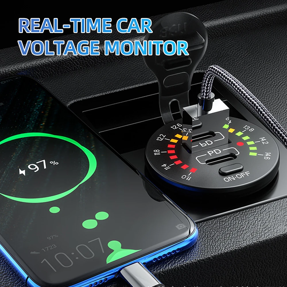 Chargeur de voiture étanche avec voltmètre LED, prise PD de type C, chargeur rapide pour moto, interrupteur marche/arrêt, 45W, 12V, 24V, QC 3.0 - imagen 3