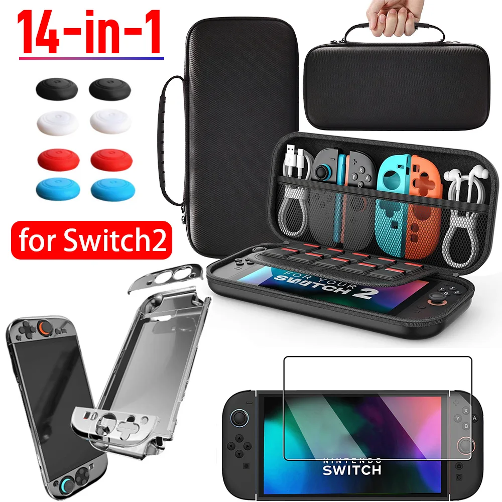 Estuche de viaje todo en uno para Switch 2, bolsa de transporte Protector de pantalla Estuche protector Agarre para pulgar Kit de almacenamiento de accesorios 14 en 1