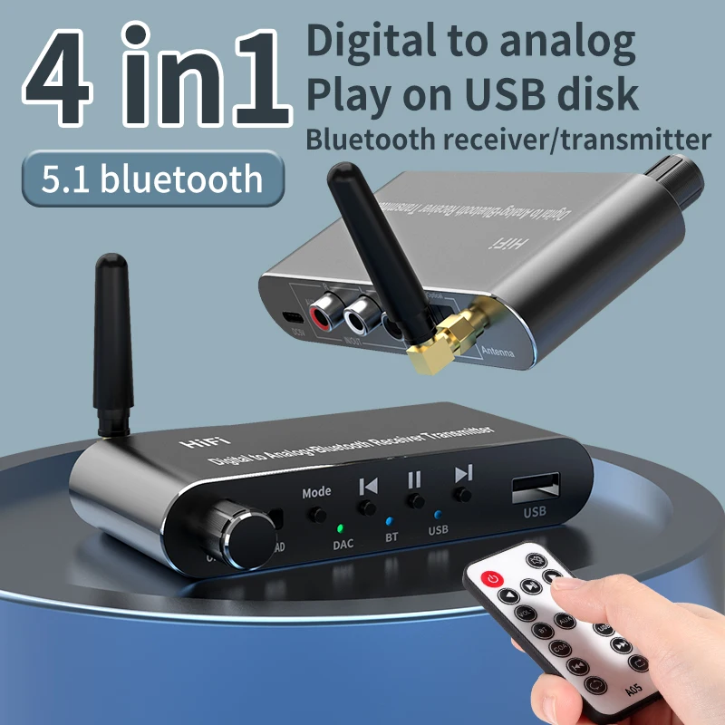 Receptor y transmisor Bluetooth 5,1, adaptador de Audio, reproducción de disco U, Coxial/óptico a 3,5 MM, AUX RCA R/L, convertidor DAC, Control remoto