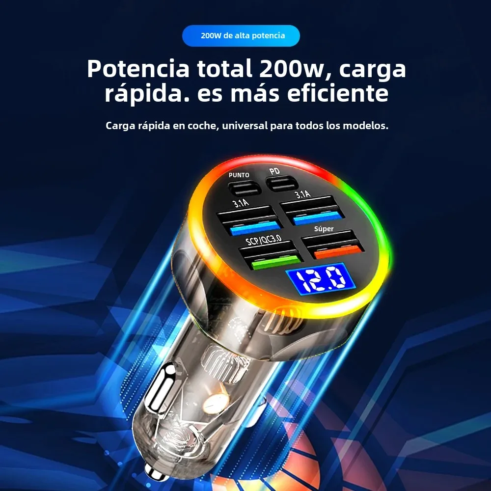 Cargador de coche Total de 200W, carga súper rápida 6 en 1, voltaje multipuerto para coche con pantalla Digital para vehículo, cargador de teléfono móvil para coche - imagen 5