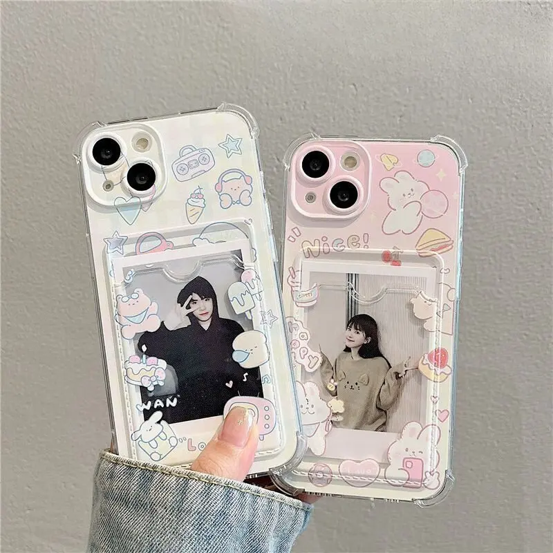 INS coreano lindo conejo rosa ranura para tarjeta bolsa soporte funda de teléfono para IPhone 16 15 14 13 12 11 Pro Max 16 Plus 12 Mini 7 8 X XR cubierta - imagen 2
