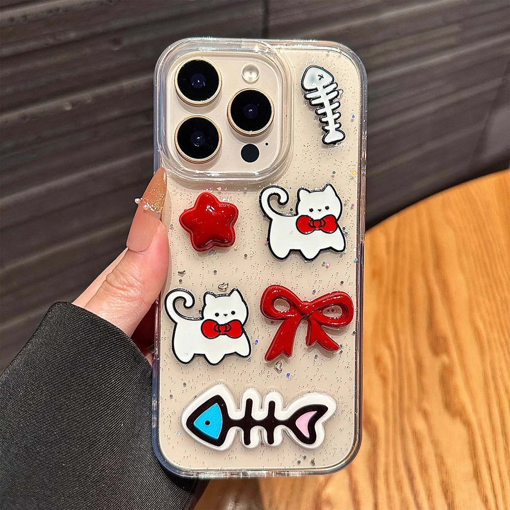 Funda de teléfono transparente con purpurina de pez rosa INS 3D para IPhone 16 15 14 13 Pro Max, funda trasera elegante femenina a prueba de golpes - imagen 3