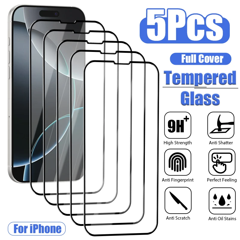 5 uds vidrio templado para iPhone 16 15 14 13 12 11 Pro Max Mini SE 2020 Protector de pantalla de cubierta completa para iPhone 15 8 7 Plus X XS XR - imagen 2