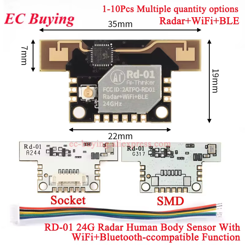 1-10 Uds Rd-01 24G FMCW Radar Sensor de cuerpo humano Radar + WiFi + BLE Bluetooth-compat 5,0 malla 24GHz módulo de onda milimétrica SMD/enchufe
