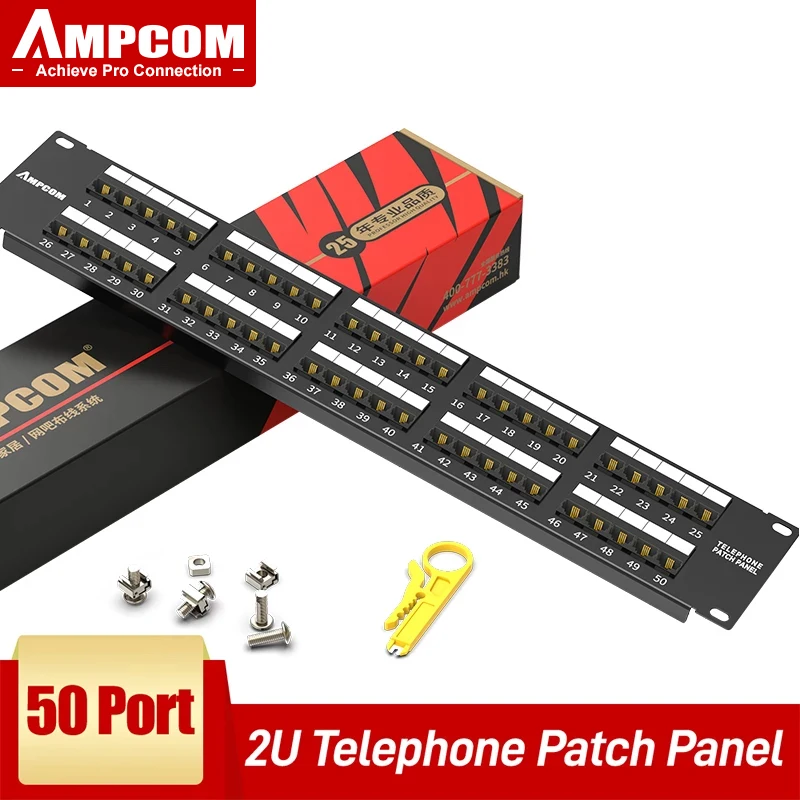 AMPCOM-Panel de conexiones de 25/50 puertos para teléfono móvil, montaje en estante de gabinete, 1U/2U, 19 pulgadas, RJ11/RJ45, conector Modular, chapado en oro 50u