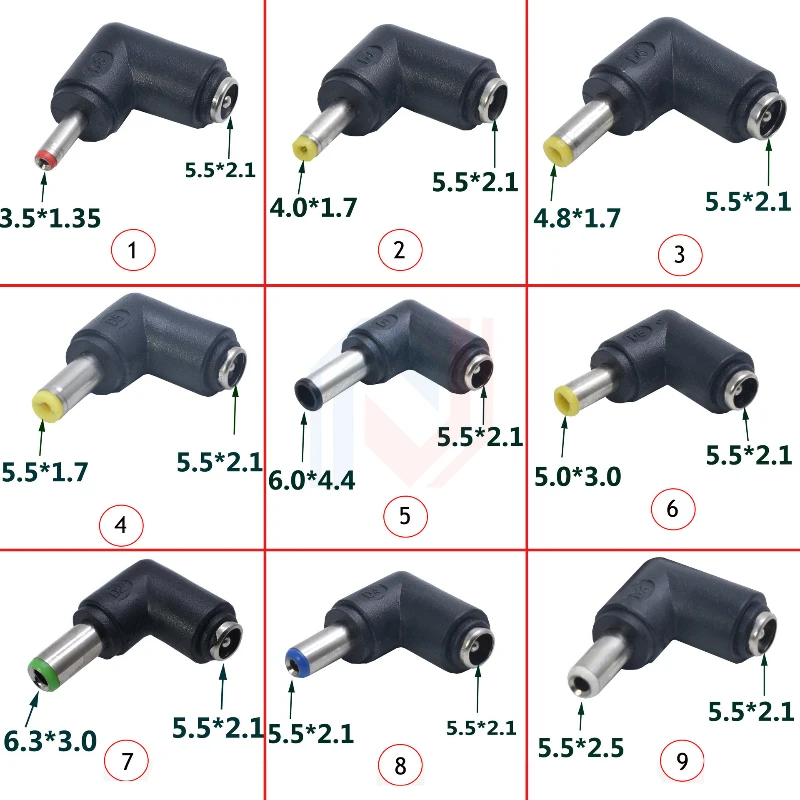 Adaptador de corriente Jack hembra DC 5,5x2,1 a conector DC macho de 90 grados 3,5x1,35/4,0x1,7/5,5x2,1/5,5x2,5/6,3x3,0/6,0x4,4mm