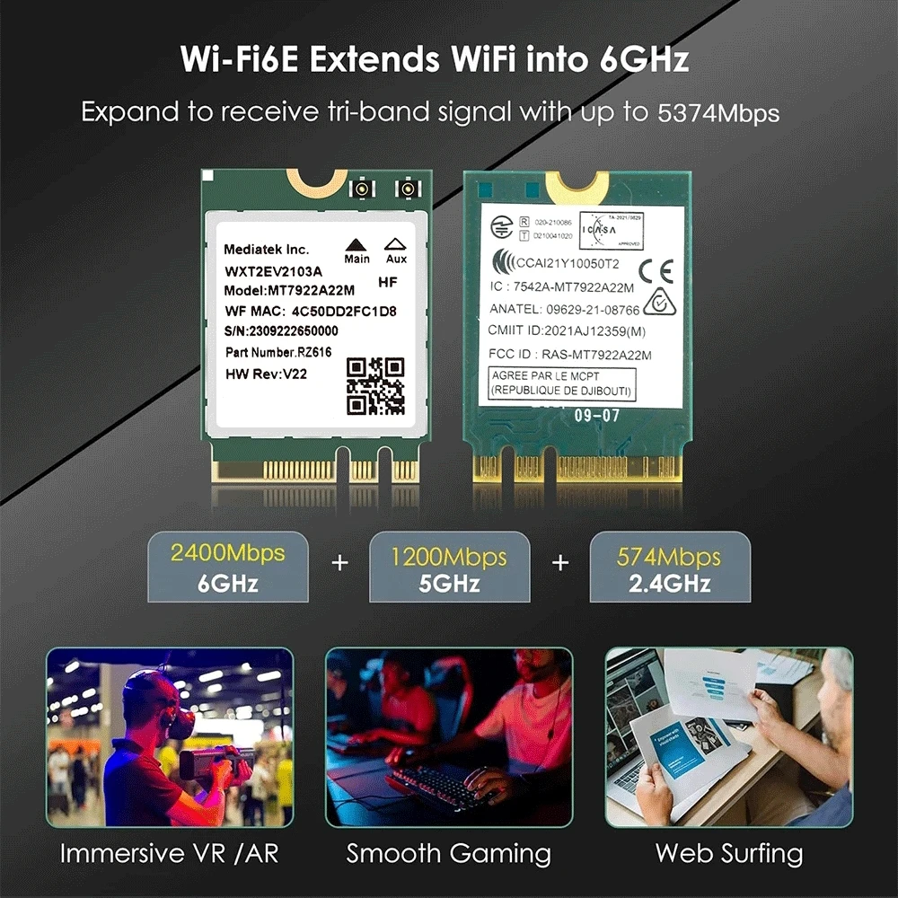 Tarjeta inalámbrica WiFi6E MT7922 M.2 5374Mbps Bluetooth 5,2 Tri Band 2,4G/5G/6Ghz adaptador de red 802.11AX Windows 10/11 - imagen 4