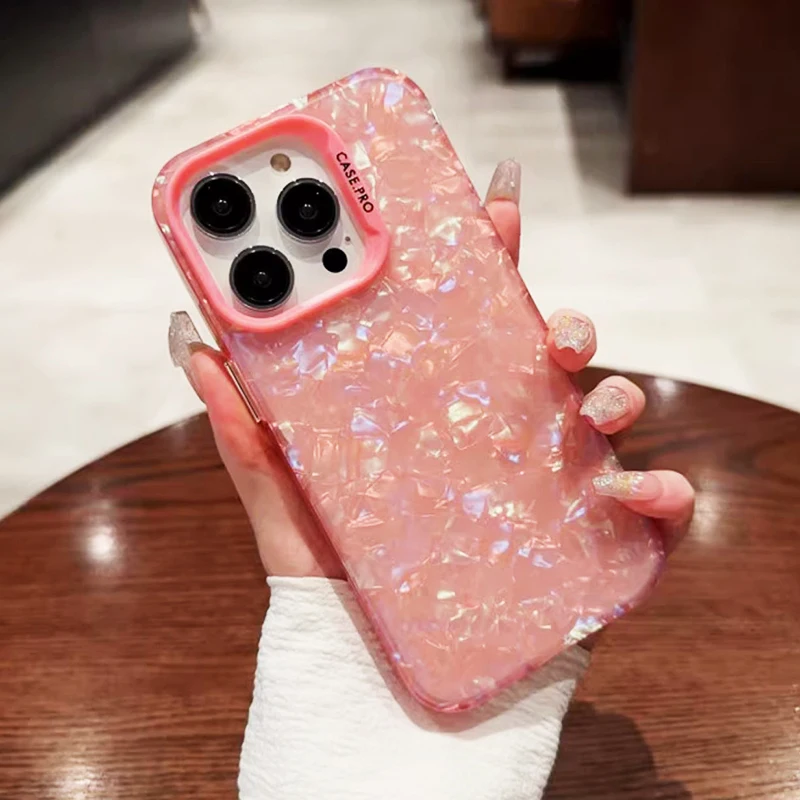 Funda de mármol de concha de sueño con purpurina ostentosa de lujo para iPhone 13 14 11 12 15 16 17 Pro Max, cubierta trasera acrílica dura con parachoques suave - imagen 5