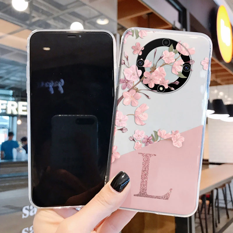 Funda de teléfono con letras A-Z Flower para Honor X9a X9b X9c X30 Magic5 6 7 50 Lite Huawei Nova 8i, funda transparente de silicona transparente - imagen 2