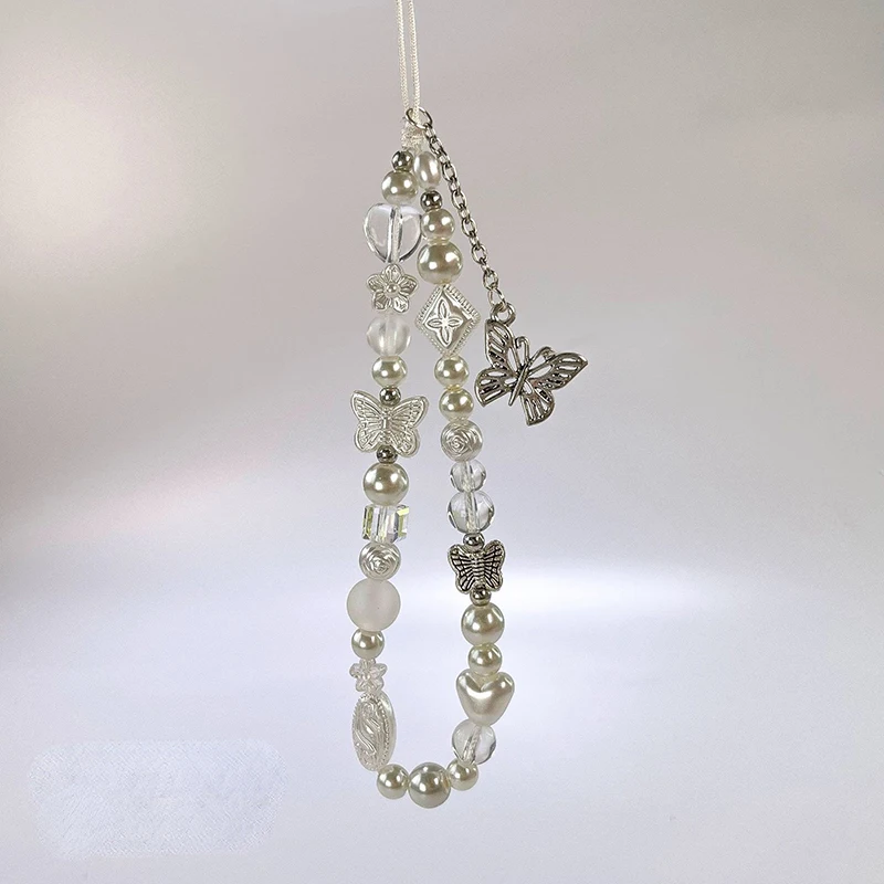 Lindo llavero de cuentas de mariposa plateada en el encanto del teléfono lindo cordón correa de teléfono móvil colgante para mujer accesorios móviles - imagen 4
