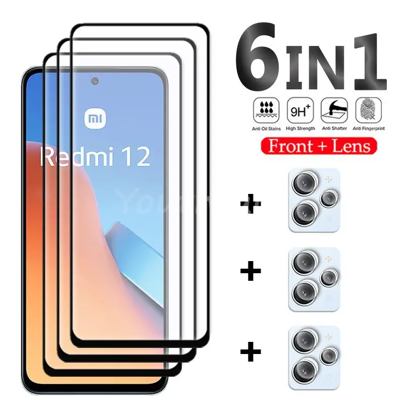 Protector de pantalla de vidrio templado para Xiaomi Redmi 12, película de cámara con pegamento completo, 12, 12C, 10, 10C, 10A