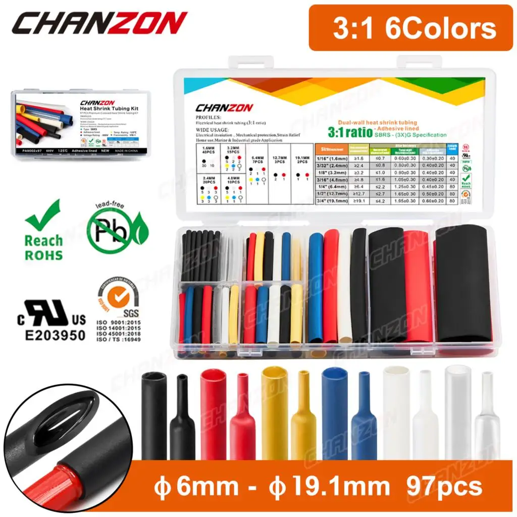 Kit de tubos termorretráctiles 3:1, 40 tipos, con pegamento, resistente al agua, doble pared, alambre forrado adhesivo, funda de Cable de poliolefina surtido, 97 Uds.