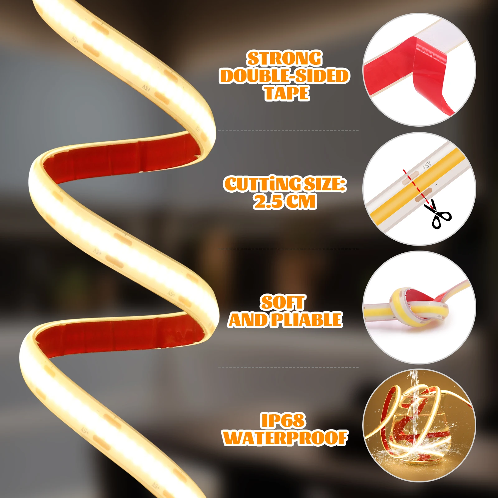 Tira de luces LED COB USB resistente al agua IP68, 5V, 320LED, cinta Flexible de alto brillo con interruptor atenuador de 10mm de ancho para iluminación exterior - imagen 3