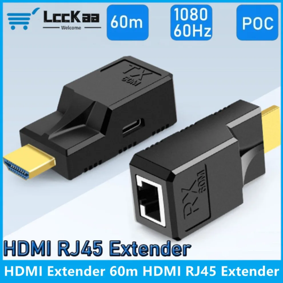 Extensor HDMI RJ45 de 60M, extensor de red compatible con HDMI, 1080P, 60Hz, extensor LAN de CAT5e/6 para PS4, apple, TV, PC y portátil