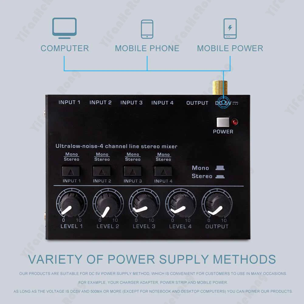 Mini mezclador estéreo MAX400, mezcladores de 4 canales de ruido ultrabajo, consola mezcladora para guitarra eléctrica, tambor, Piano DC5V con adaptador de corriente - imagen 4