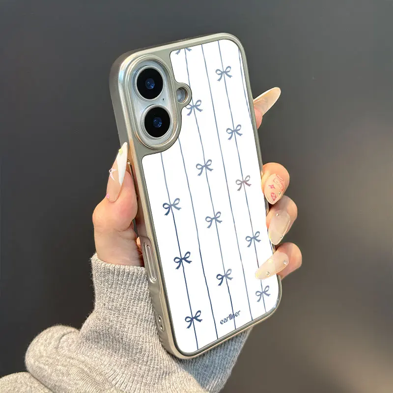 Funda de teléfono anticaída de TPU epoxi con borde plateado y lazo azul ins para iPhone XR/11/12/13/14/15/16/17 Pro Max