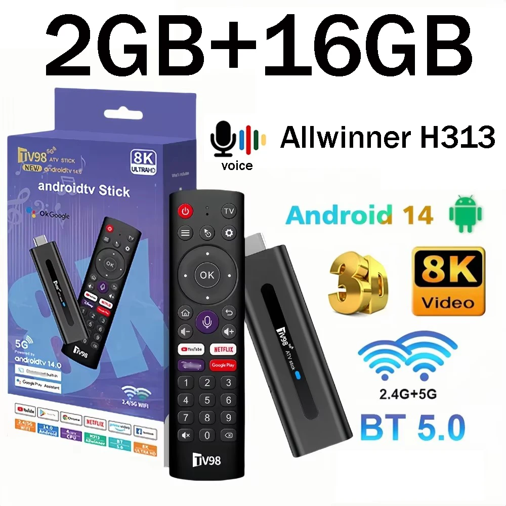 TV98 ATV Smart TV Stick Android 14 ATV Allwinner H313 compatible con 4G 5G Wifi HD 4K 8K TV Box BT5.0 2GB 16GB caja de TV remota por voz - imagen 2