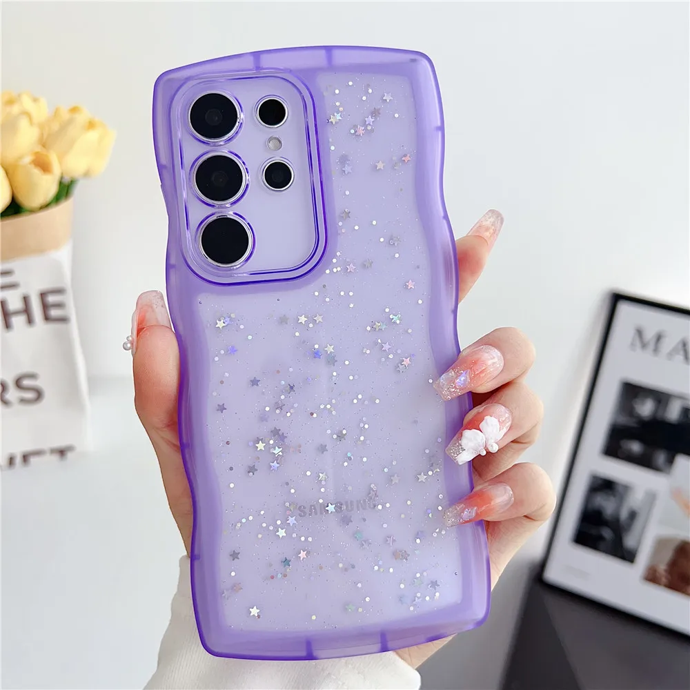 S24 Ultra Glitter estrellas lentejuelas borde ondulado funda transparente para Samsung Galaxy S24 S23 S22 S21 S20 Plus Ultra S20FE Note 20 funda suave