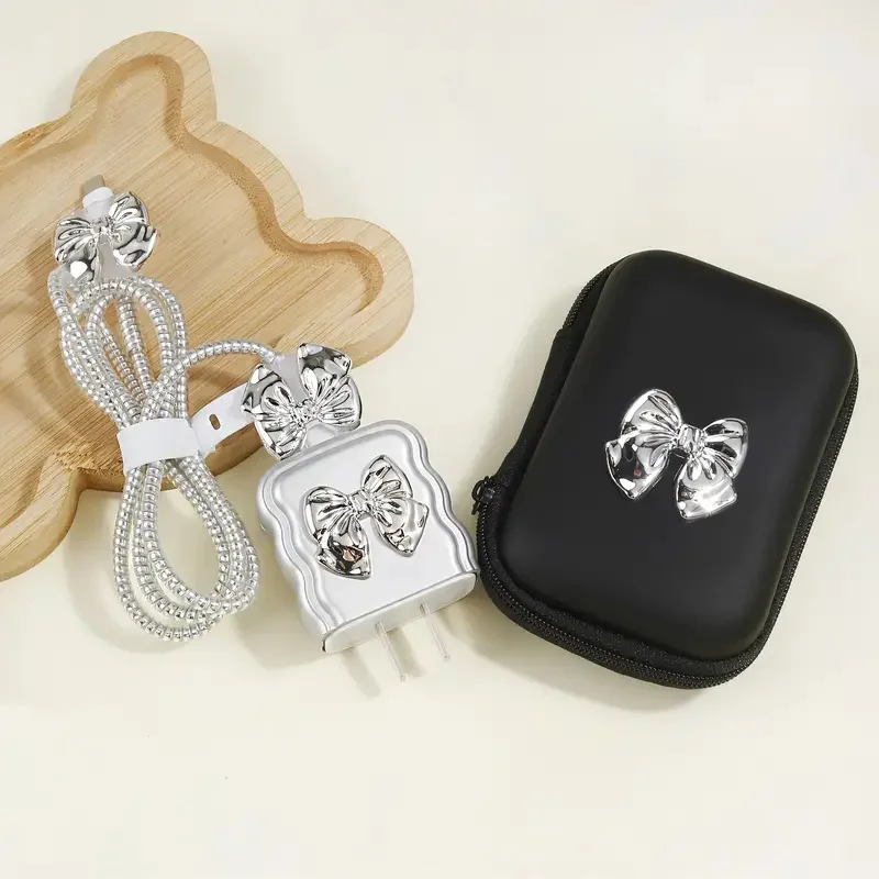 Conjunto de bolsa de almacenamiento EVA con lazo plateado 3D de lujo, funda de cargador para IPhone 11, 12, 13, 14, 18W-20W, funda protectora de carga - imagen 3