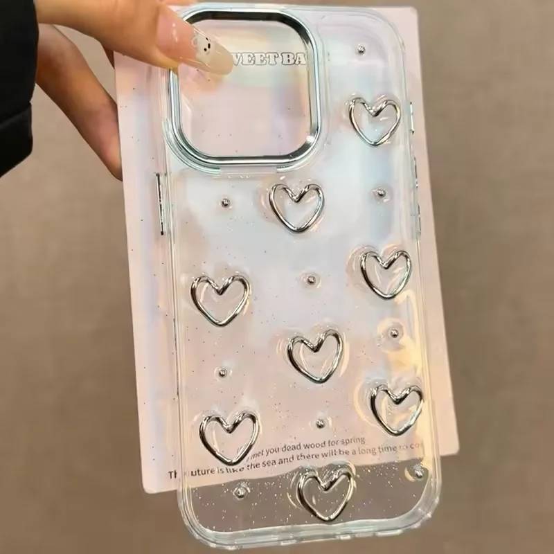 Funda de teléfono con purpurina coreana 3D ahuecada con corazón de amor para iPhone 17 16 15 14 13 12 11 Pro Max 17Air X XR XS 7 8 Plus cubierta transparente - imagen 4