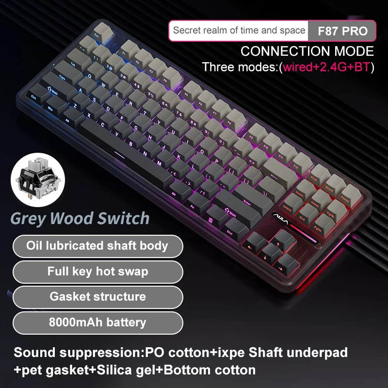 Teclado mecánico AULA F87 Pro 2,4g/Usb/Bluetooth modo Tri inalámbrico 87 teclas Rgb junta Pbt silenciador de 5 capas tecla completa sin impacto - imagen 2