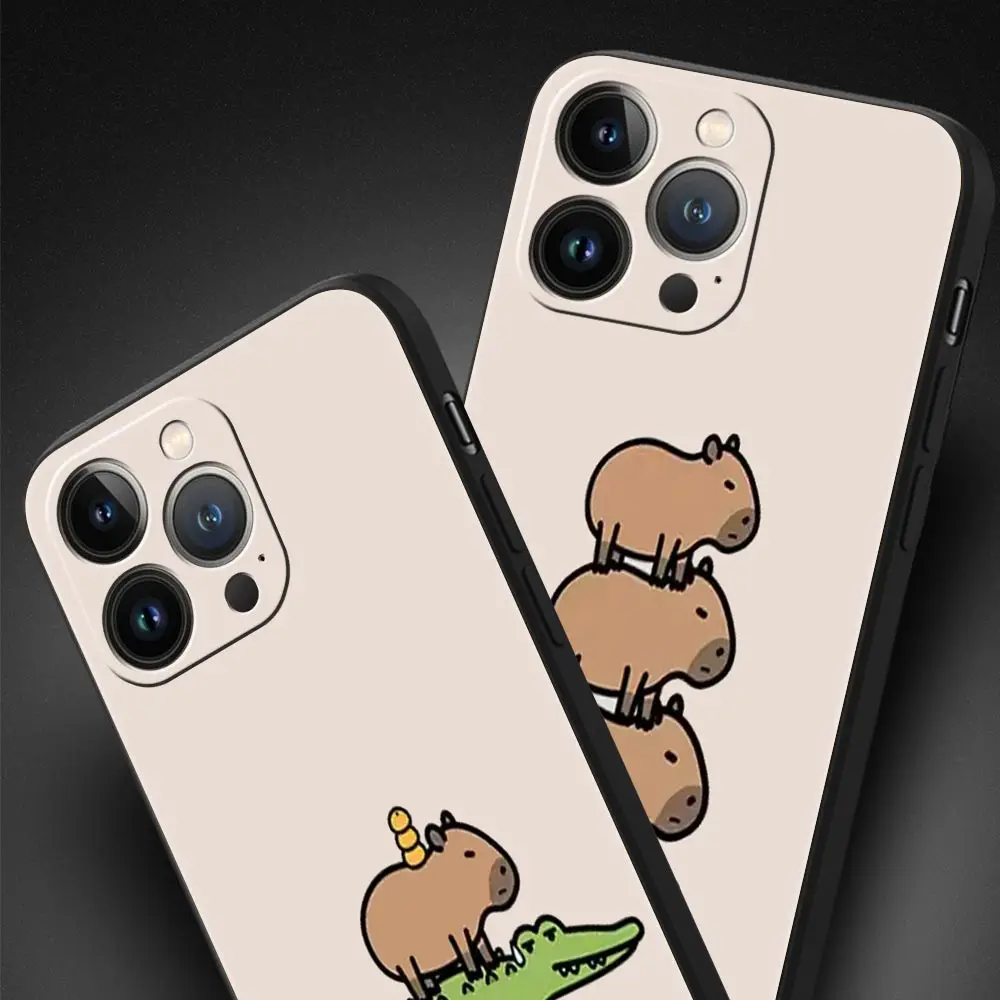 Bonita funda de teléfono de lujo Capybara para Apple iPhone 16 11 15 14 Pro MAX 12 13 7 8 Plus X XR XS SE funda negra de silicona - imagen 3