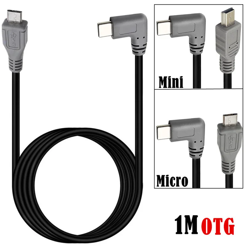 100cm Micro 5P macho/Mini B macho a ángulo de 90 grados izquierda derecha tipo c macho convertidor OTG adaptador Cable de datos