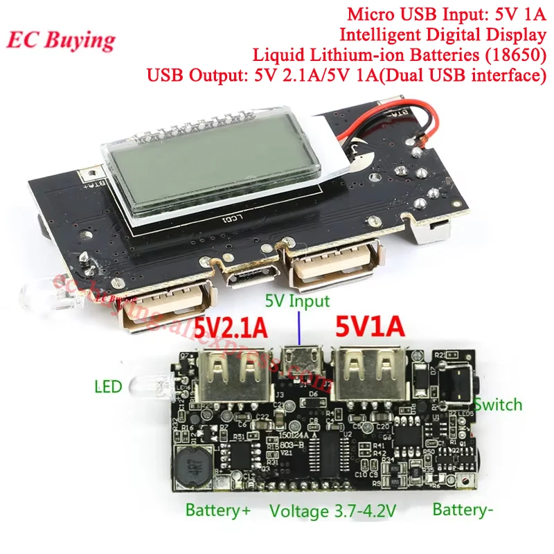 Controlador de carga de banco de energía móvil, 2 uds., 5V, 2A, LCD Digital, USB Dual, 18650, placa de cargador de batería de litio, módulo regulador PCB