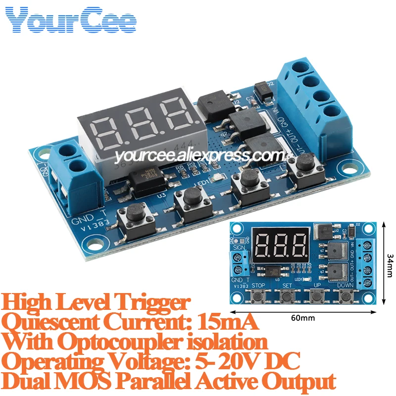 Módulo de relé de interruptor de retardo, tablero de control de tubo MOS dual con sincronización de ciclo de disparo de alto nivel con aislamiento optoacoplador, 2 uds./1 ud.