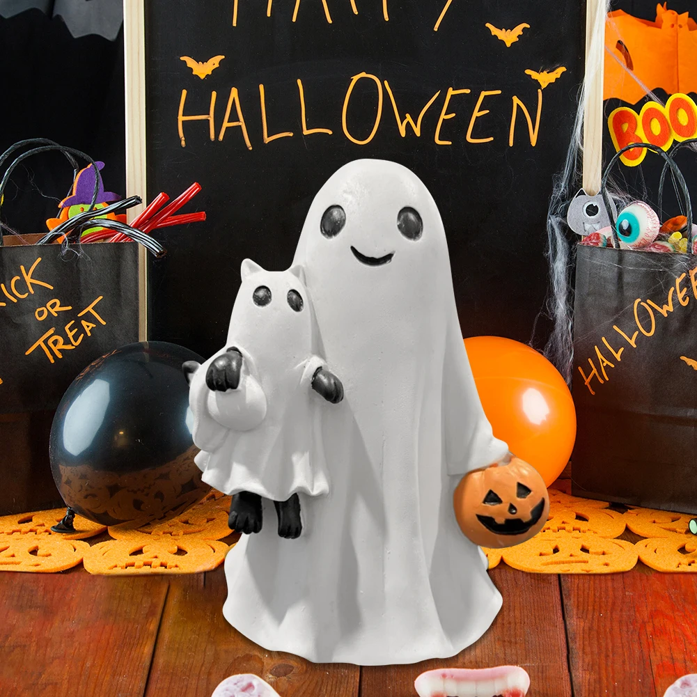 Estatua de gato con fantasma de Halloween, estatuilla de resina de fantasma espeluznante de calabaza, gato abrazo para fiesta de Halloween - imagen 2