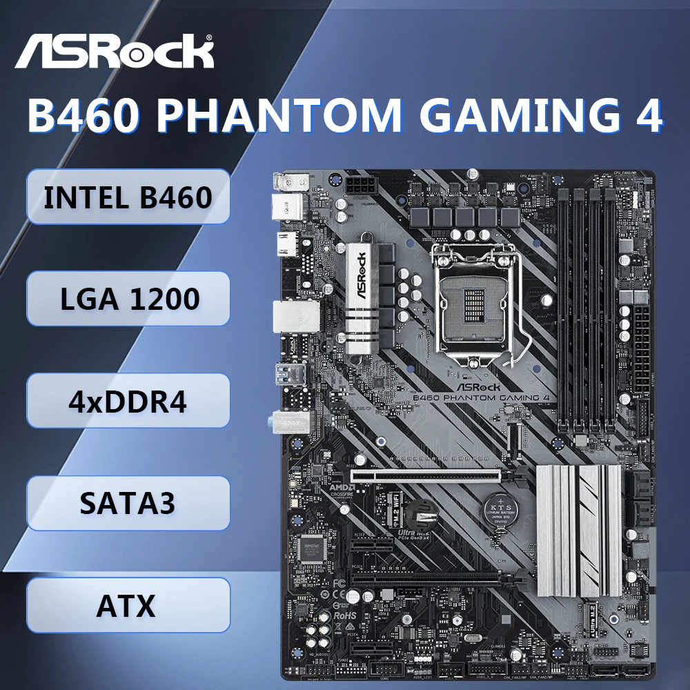 Placa base ASRock B460 Phantom Gaming 4 ATX Intel B460 LGA1200 DDR4 SATA3 M.2 HDMI PS/2 Audio para los decimo procesadores Intel Core