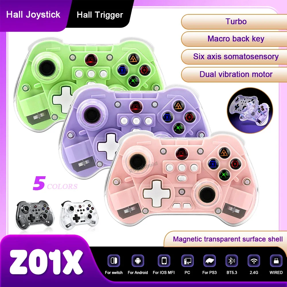 Controlador de juego inalámbrico transparente Z01X BT Sensor de movimiento de 6 ejes Turbo programable Hall Joystick para Switch/PC/iOS/Mac/Android