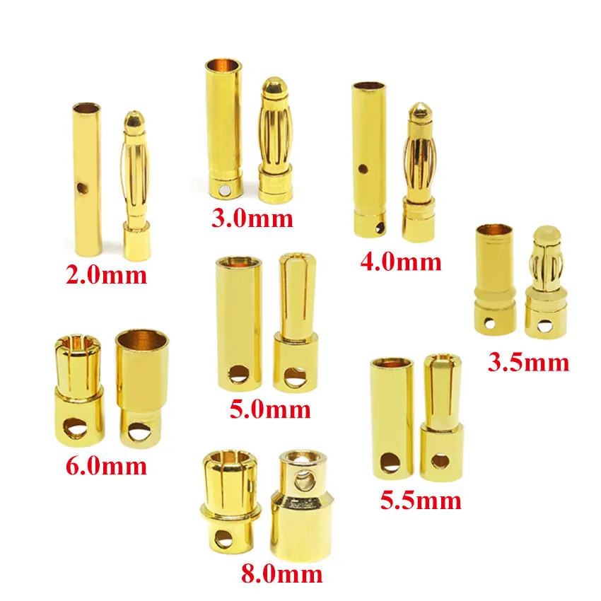1 par 2/3.0/3.5/4/5.0/5.5/6.0/8.0MM RC batería chapada en oro conector Banana tipo bala conector Banana macho hembra de alta calidad