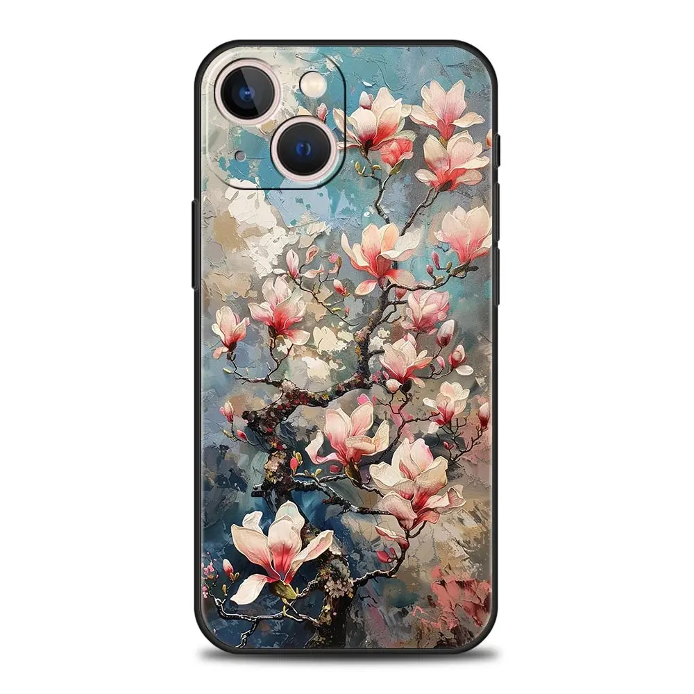 Funda de teléfono de lujo con pintura al óleo de flores para iPhone 16 13 15 14 12 11 Pro MAX XR X SE XS 7 8 Plus, funda suave de TPU a prueba de golpes - imagen 2
