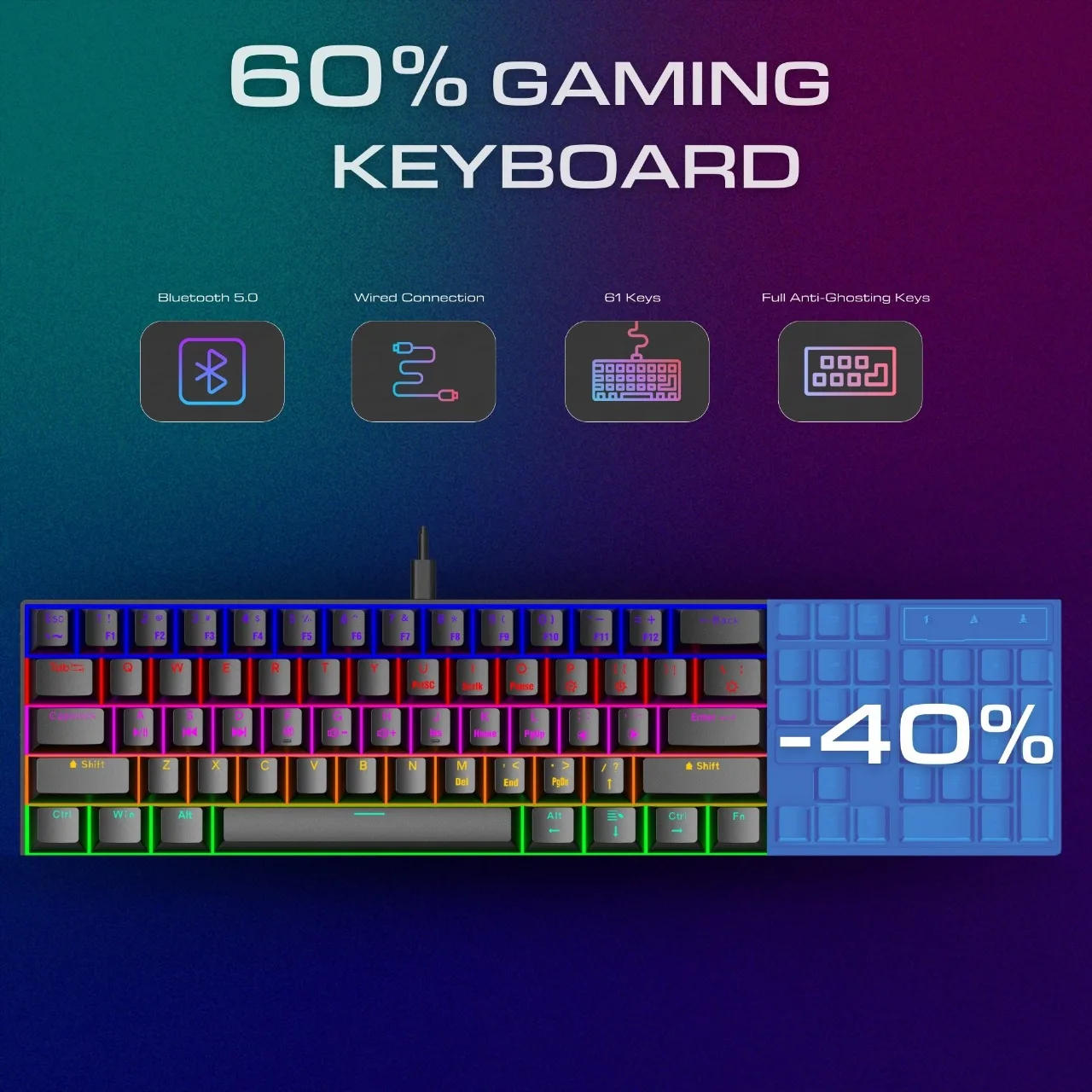 Teclado mecánico con cable, 61 teclas, teclados portátiles para juegos, 60% teclados para jugadores, teclado de Pc, teclado para ordenador klawiatura - imagen 5