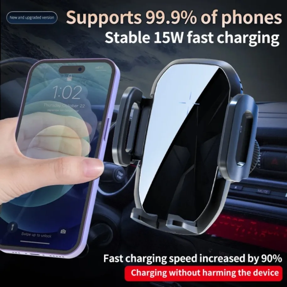 Cargador de coche inalámbrico de carga rápida de 15W, soporte para teléfono, cargador de montaje para teléfono de coche, ventilación de aire, sujeción automática para iPhone 16 15 14 Pro Max