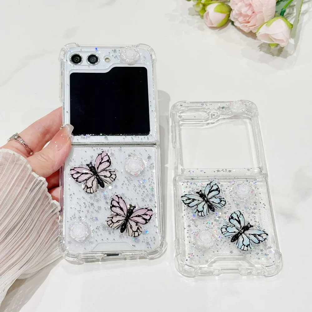 Funda de teléfono con purpurina para Samsung Galaxy Z, carcasa con diseño de estrellas, 3D, rosa, mariposa, tapa 6, 5, 4, 3, 5G, dura, transparente, plegable, techo de choque, parachoques Acrílico