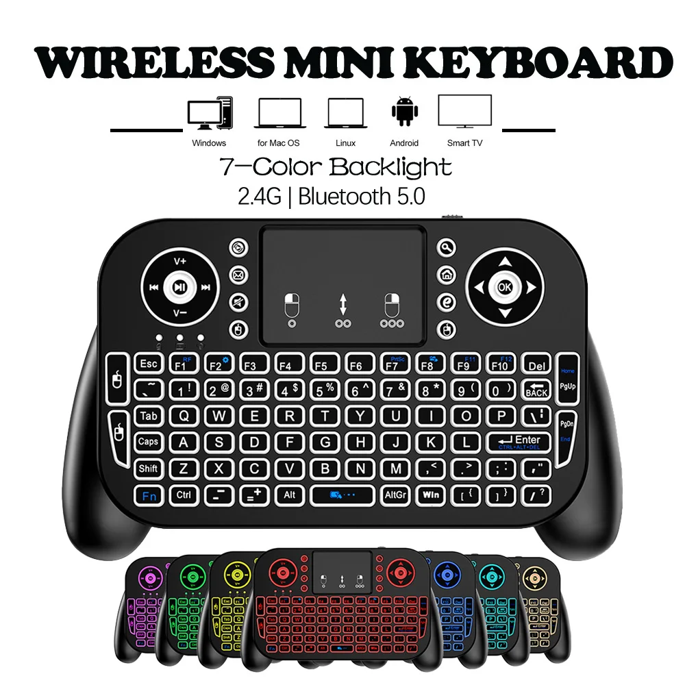 Mini teclado inalámbrico portátil V8 7 retroiluminado 2,4G Bluetooth Touchpad Air Mouse Control remoto para Android TV Box