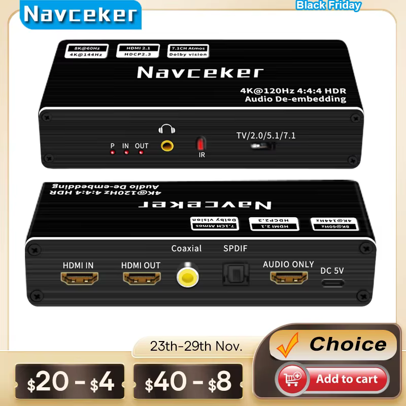 Navceker Extractor de Audio HDMI 8K/60Hz para PS5 y Xbox – Atmos 7.1