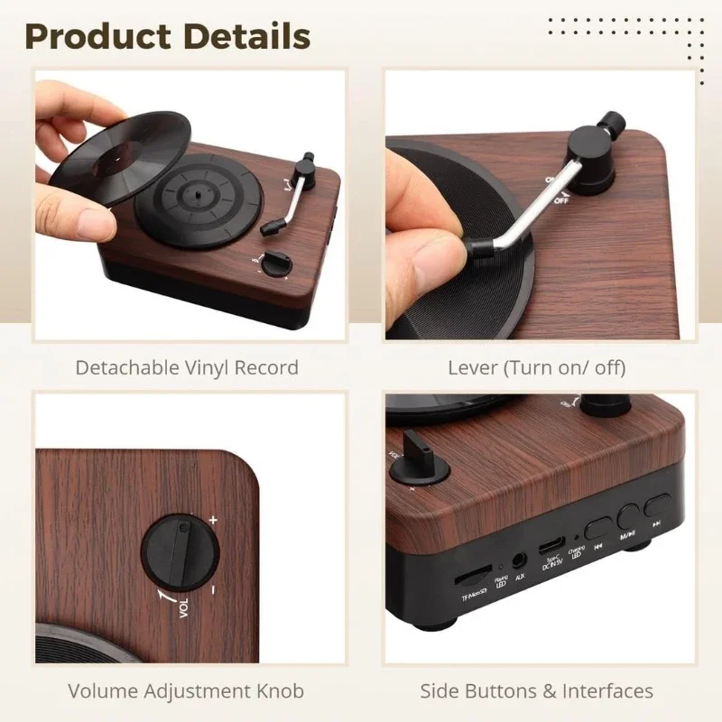 Altavoz portátil Bluetooth, reproductor de música inalámbrico, reproductor de discos Retro nostálgico, altavoces para vacaciones, regalos creativos Retro de madera - imagen 5