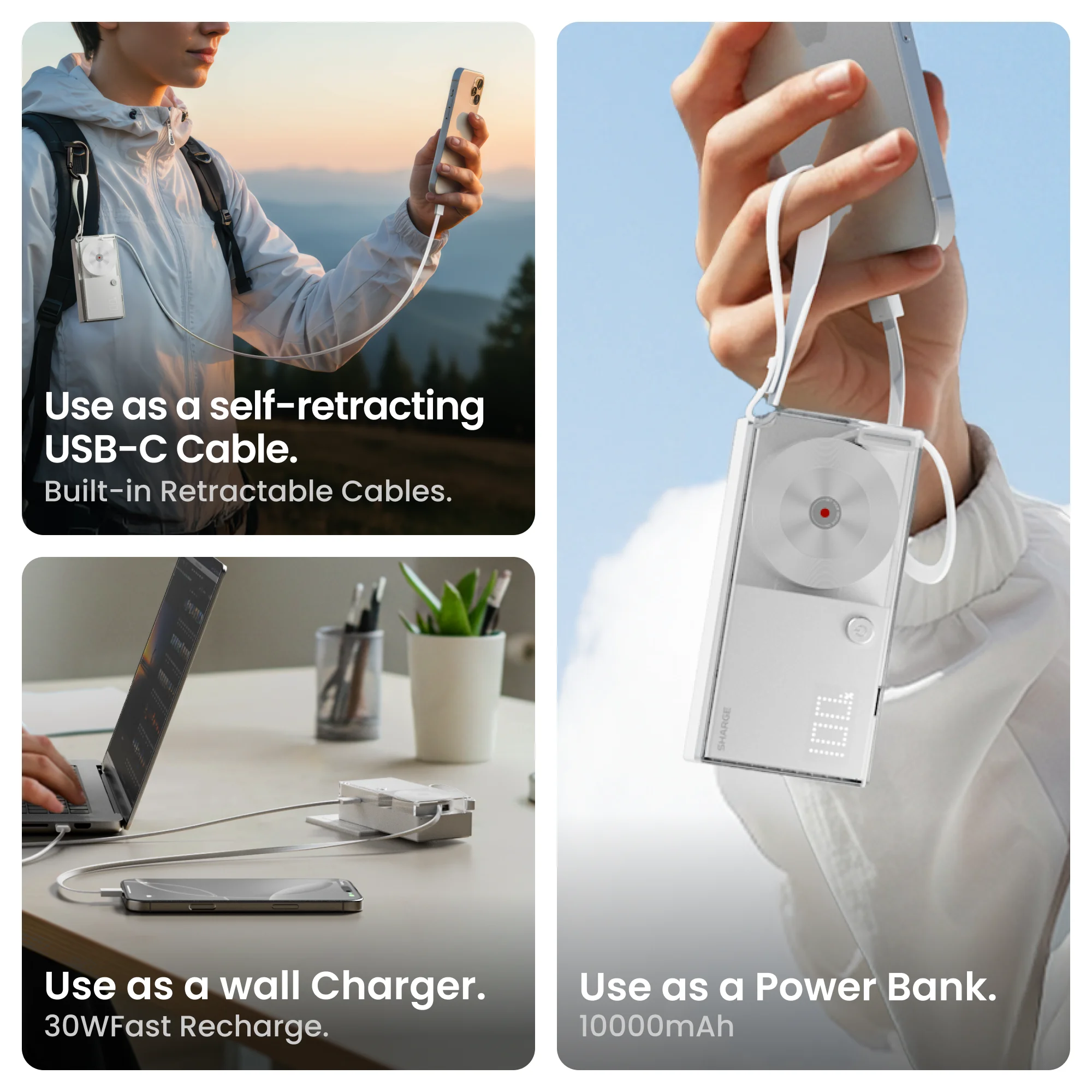 SHARGE 3-in-1 Portable Power Bank 30W USB-C Charger with USB-C Cable 10,000mAh AC Plug Max Battery Pack for iPhone 16/15 Galaxy - imagen 2