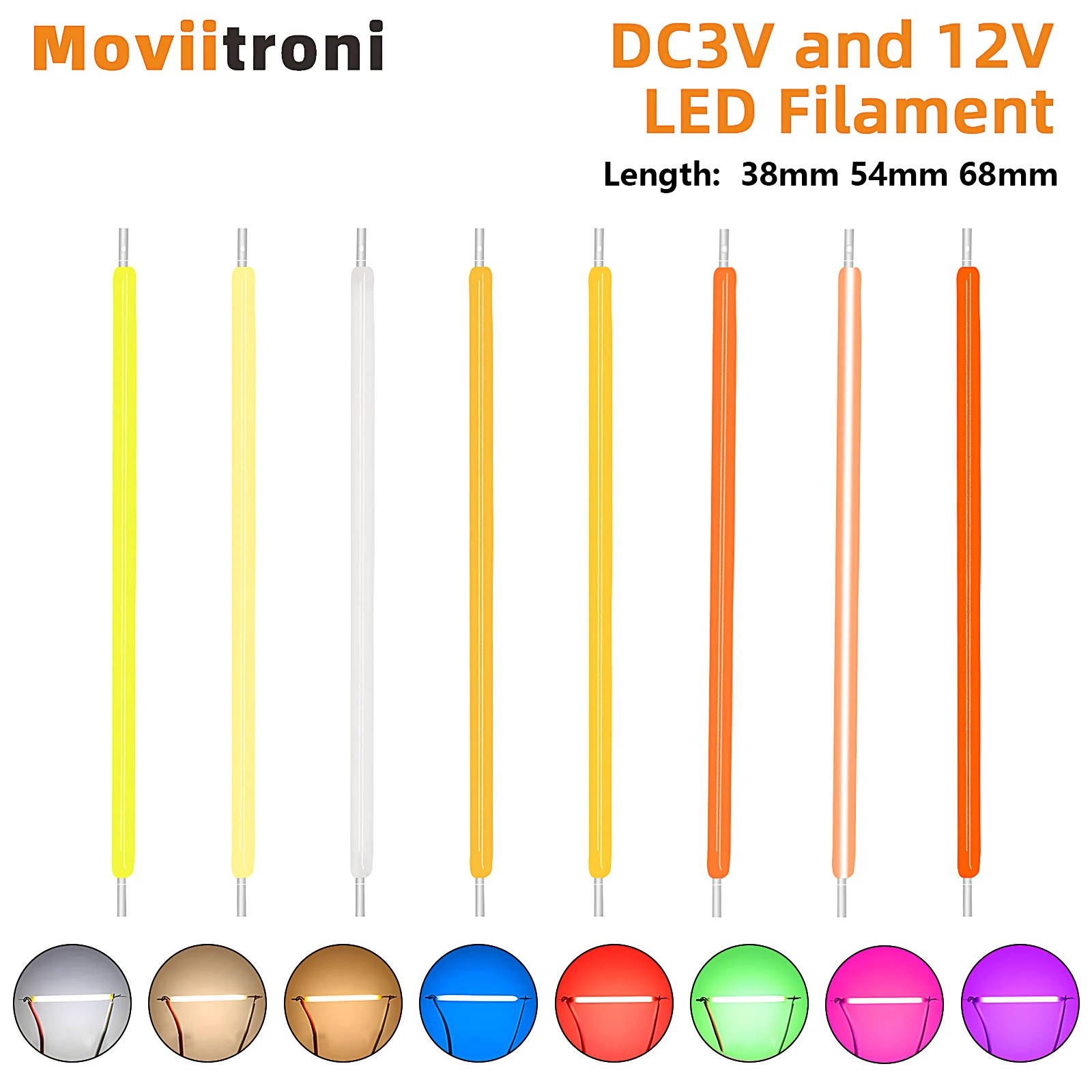 Filamento Led Cob de 5 piezas CC, 3V, 12V, 38/54/68MM, 2200k, blanco, azul, rojo, rosa, piezas de bombilla Edison, lámpara incandescente, diodos de luz