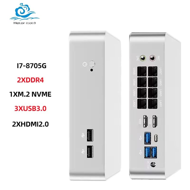 Helorpc Mini PC industrial con i7-8705G compatible con WiFi Linux Pfsense Computadora compacta con 3xUSB3.0 2xUSB2.0 1xTYPE-C 2xHDMI2.0