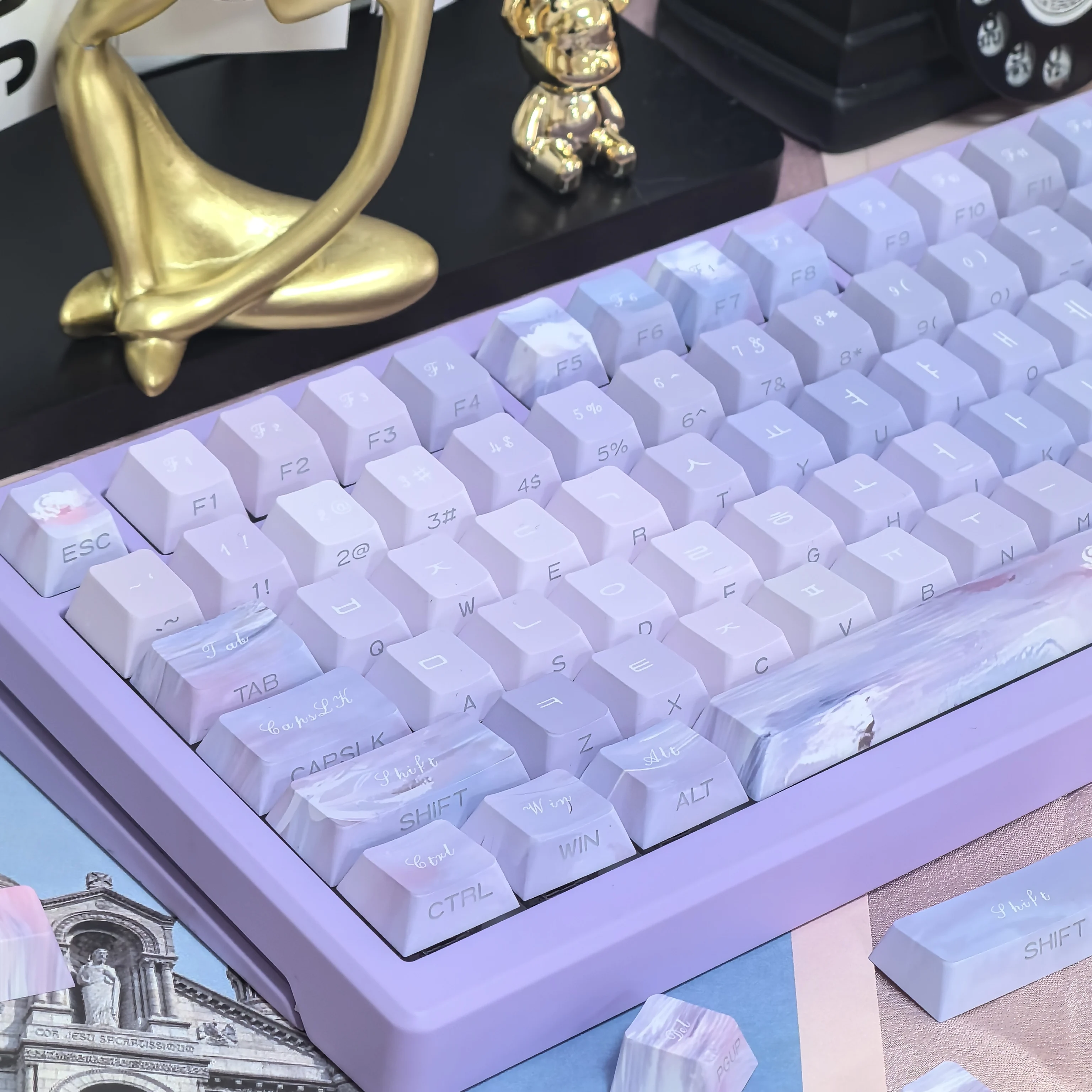 Tecla púrpura coreana, 130 teclas, Monet, lirio de agua de ensueño, KR, sublimación de cereza Pbt, DIY, translúcido grabado lateral, Hangul Keycap - imagen 3