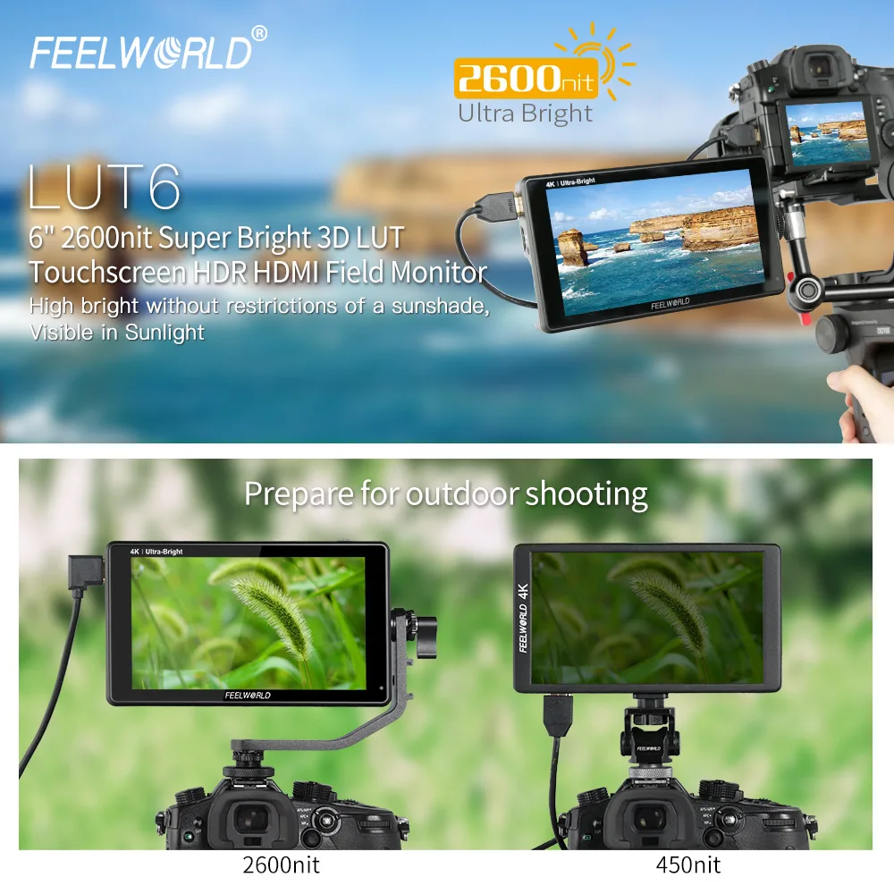 FEELWORLD 6 Inc Monitor de campo de cámara con pantalla táctil LUT6 IPS 2600nits 3D LUT HDR con alcance vectorial de forma de onda para cámaras DSLR - imagen 2